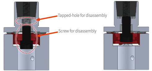 There is a Screw for Disassemble at the bottom of the Tapped-hole for disassembly.